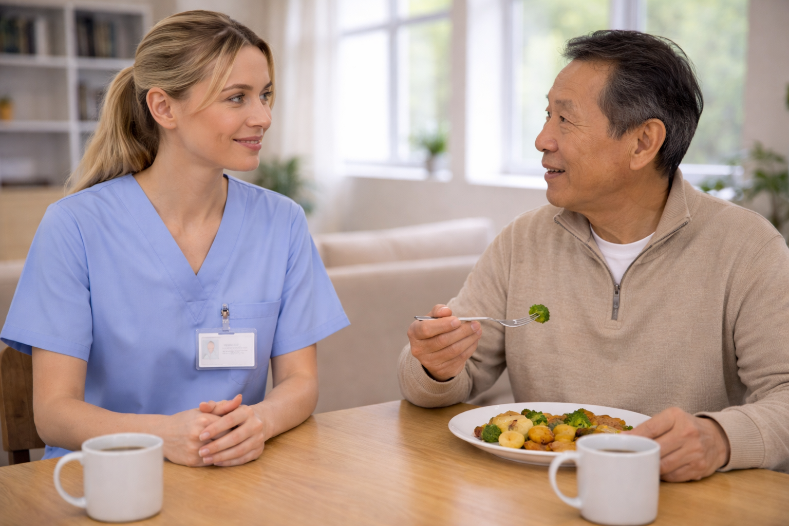 Nurse with patient eating