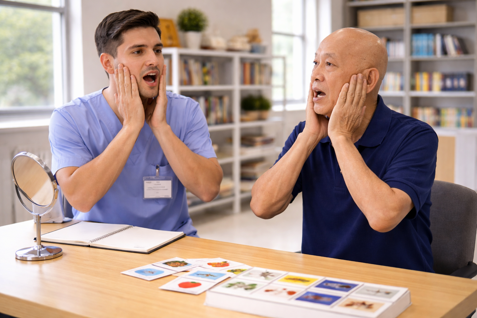 Speech therapist working with patient